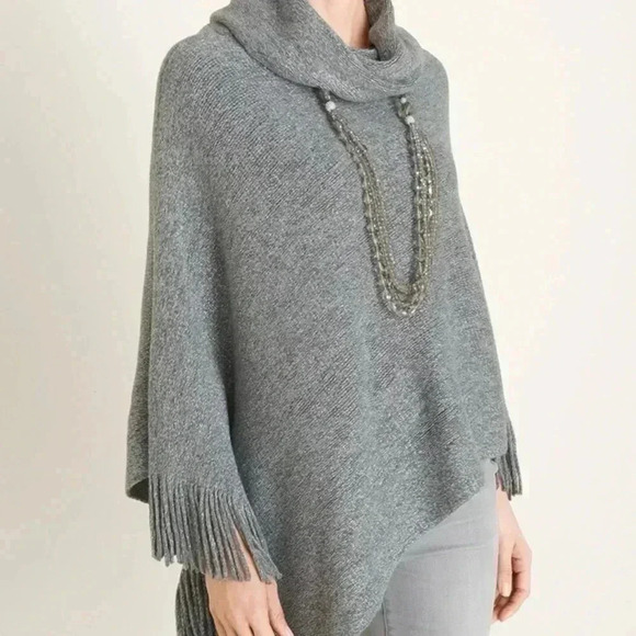 Chico’s Metallic Shine Fringe High-Neck Poncho - Picture 1 of 6